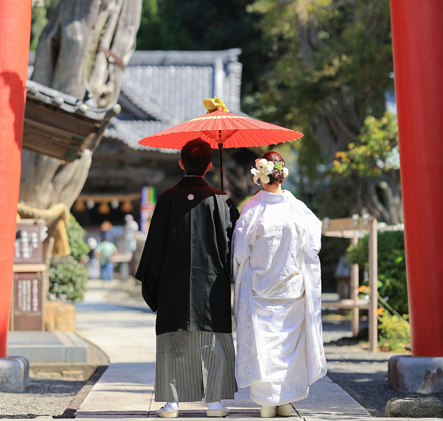 伊豆白浜神社に向かう和装の新郎新婦